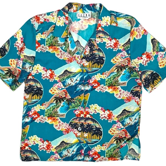 Erena Hawaiian Aloha Vintage Shirt Women Tropical Button up Teal Petite Medium - Picture 16 of 16